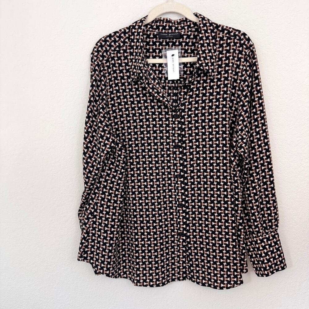 Lane Bryant Womens Button Shirt Top Size 16 Chiffon Office Geo Print Brown
